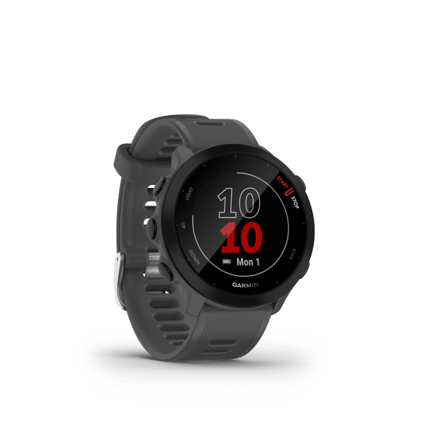 Garmin Smartwatch Forerunner® 55 (Dunkelgrau/Schwarz), Vorderseite der schwarzen Uhr mit Uhrzeit